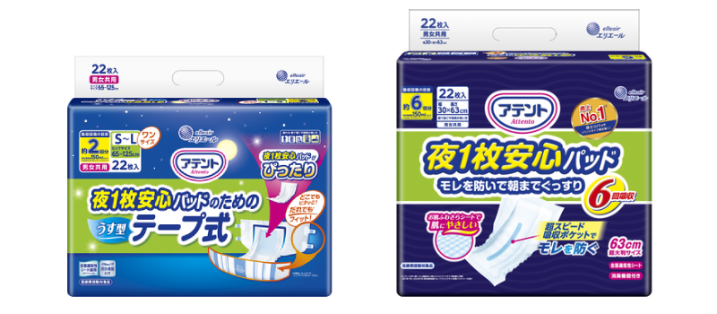 アテント 夜1枚安心パッドのためのうす型テープ式／アテント 夜1枚安心パッド モレを防いで朝までぐっすり 6回吸収