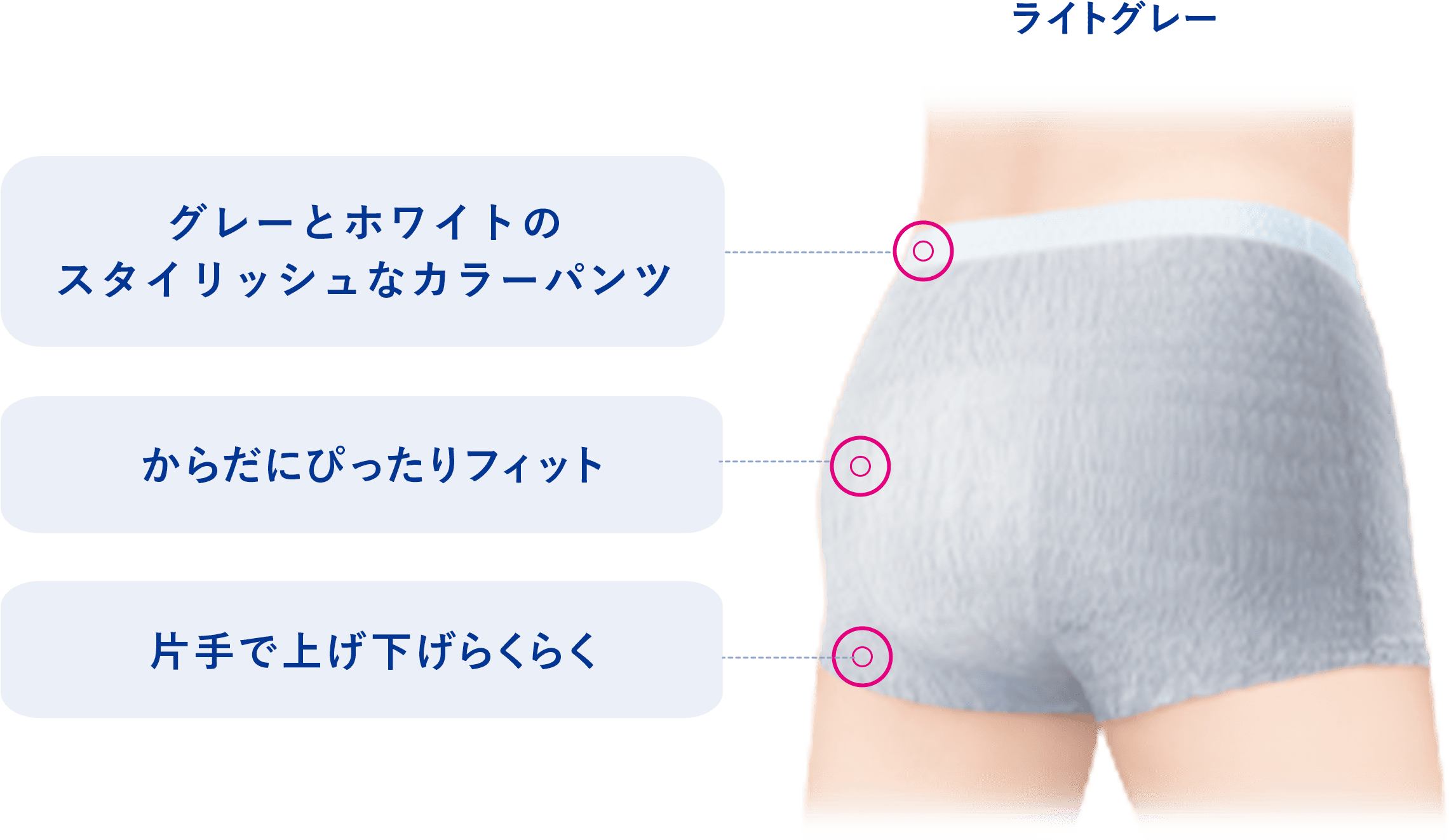 ライトグレー、グレーとホワイトのスタイリッシュなカラーパンツ、からだにぴったりフィット、片手で上げ下げらくらく