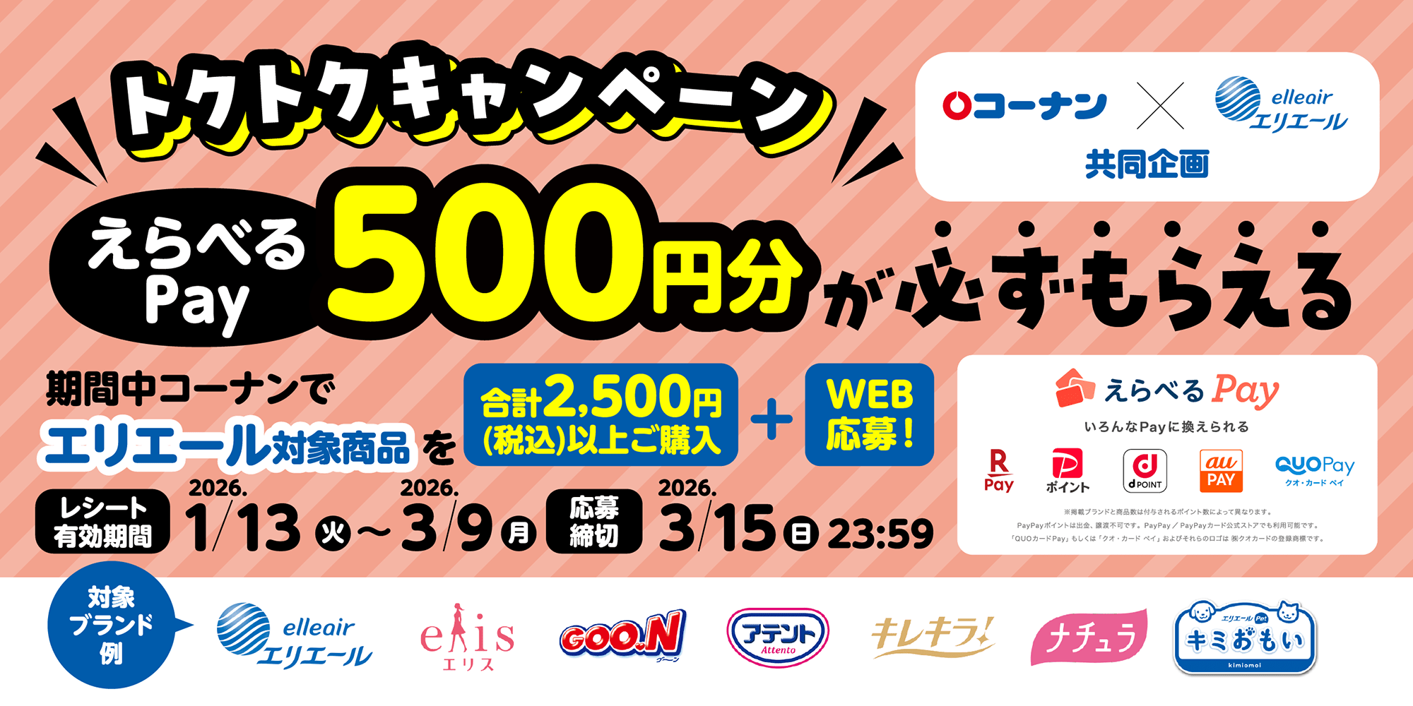 コーナン×エリエール共同企画 トクトクキャンペーンえらべるPay500円分が必ずもらえる