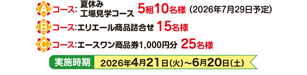 Aコース：夏休み工場見学コース 5組10名様(2026年7月29日予定) Bコース：エリエール商品詰合せ 15名様 Cコース：エースワン商品券1,000円分 25名様 実施時期 2026年4月21日(火曜日)から6月20日(土曜日)