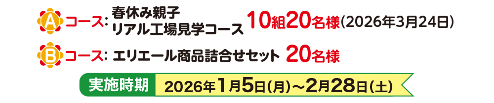 Aコース:春休み親子リアル工場見学コース 10組20名様(2026年3月24日) Bコース:エリエール商品詰合せセット 20名様 実施時期 2026年1月5日(月曜日)から2月28日(土曜日)