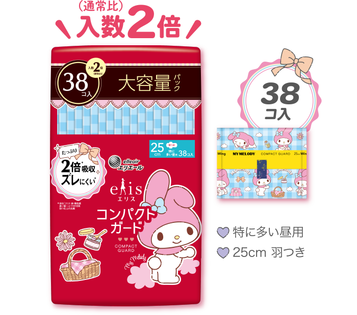 エリス コンパクトガード 38コ入 特に多い昼用 25cm 羽つき