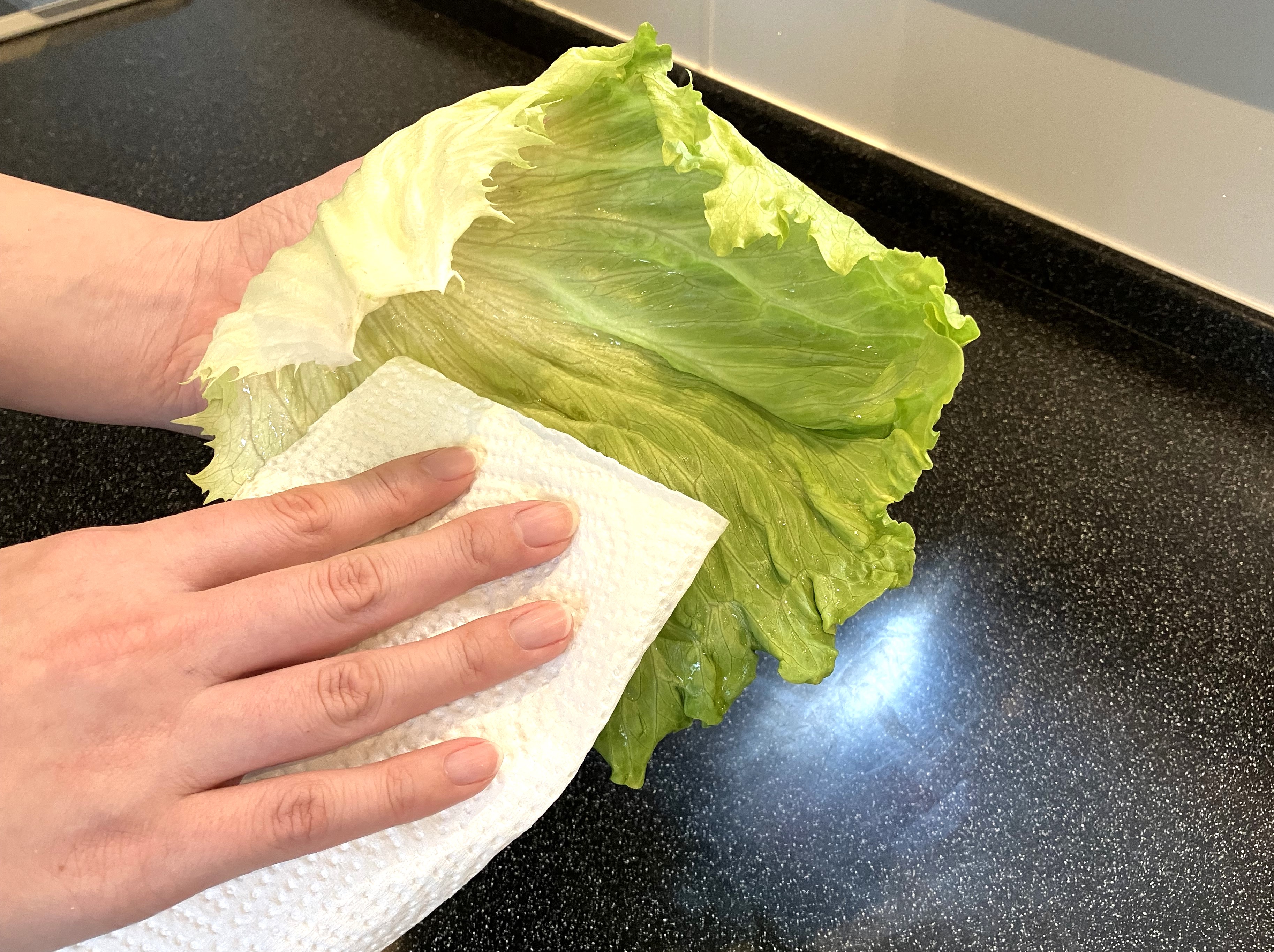 2. 1枚ずつ水分を拭いた後、密閉容器に乾いたキッチンペーパーを敷いて保存