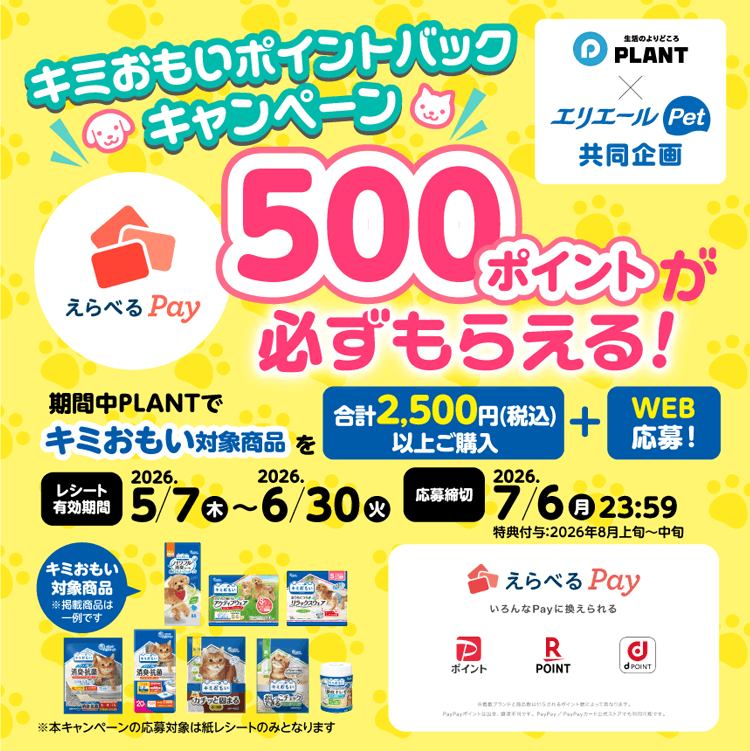 PLANT×エリエールPet 共同企画 キミおもいポイントバックキャンペーン えらべるPay500ポイントが必ずもらえる！キミおもいポイントバックキャンペーン