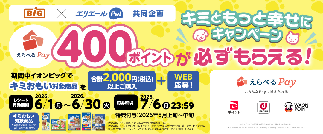 イオンビッグ×エリエールPet共同企画 えらべるPay400ポイントが必ずもらえる！キミともっと幸せにキャンペーン