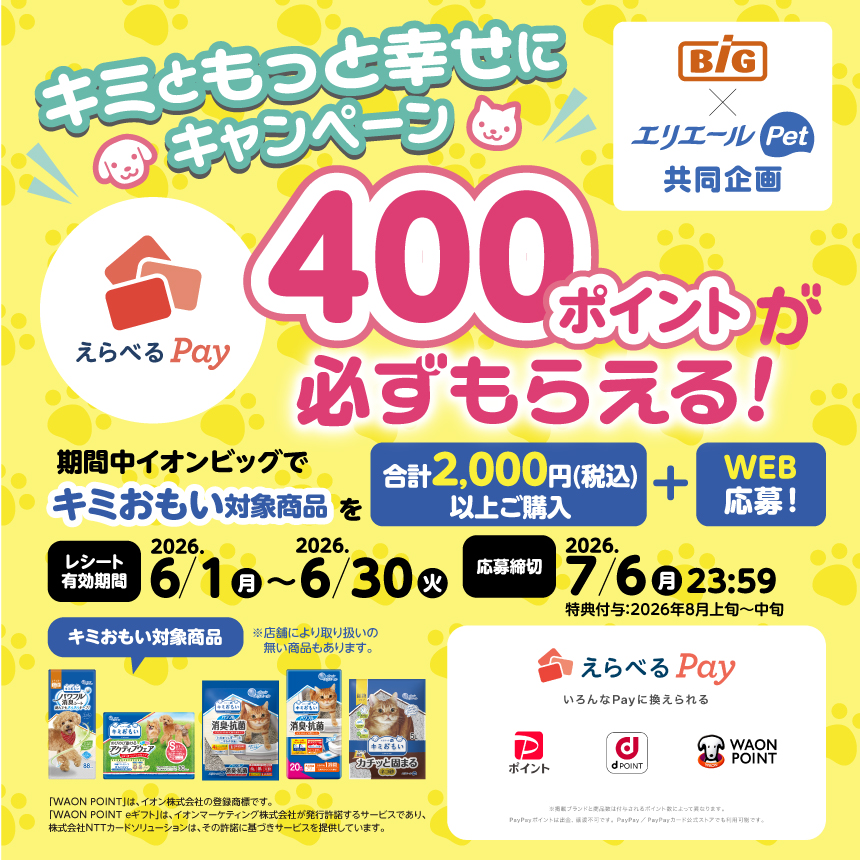 イオンビッグ×エリエールPet共同企画 えらべるPay400ポイントが必ずもらえる！キミともっと幸せにキャンペーン