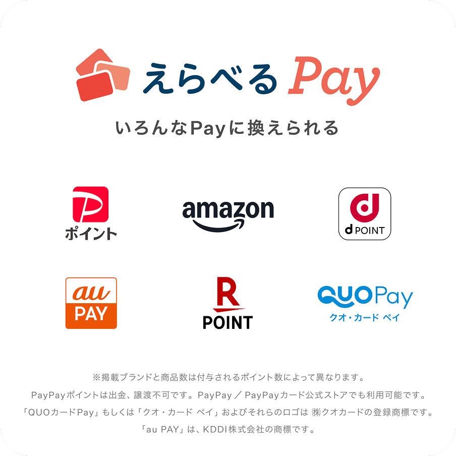 いろんなPayに換えられる えらべるPay 対象サービス：Paypayポイント、Amazon、dPOINT、auPAY、楽天POINT、クオ・カード ペイ