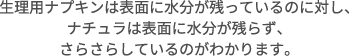 生理用ナプキンは表面に水分が残っているのに対し、ナチュラは表面に水分が残らず、さらさらしているのがわかります。
