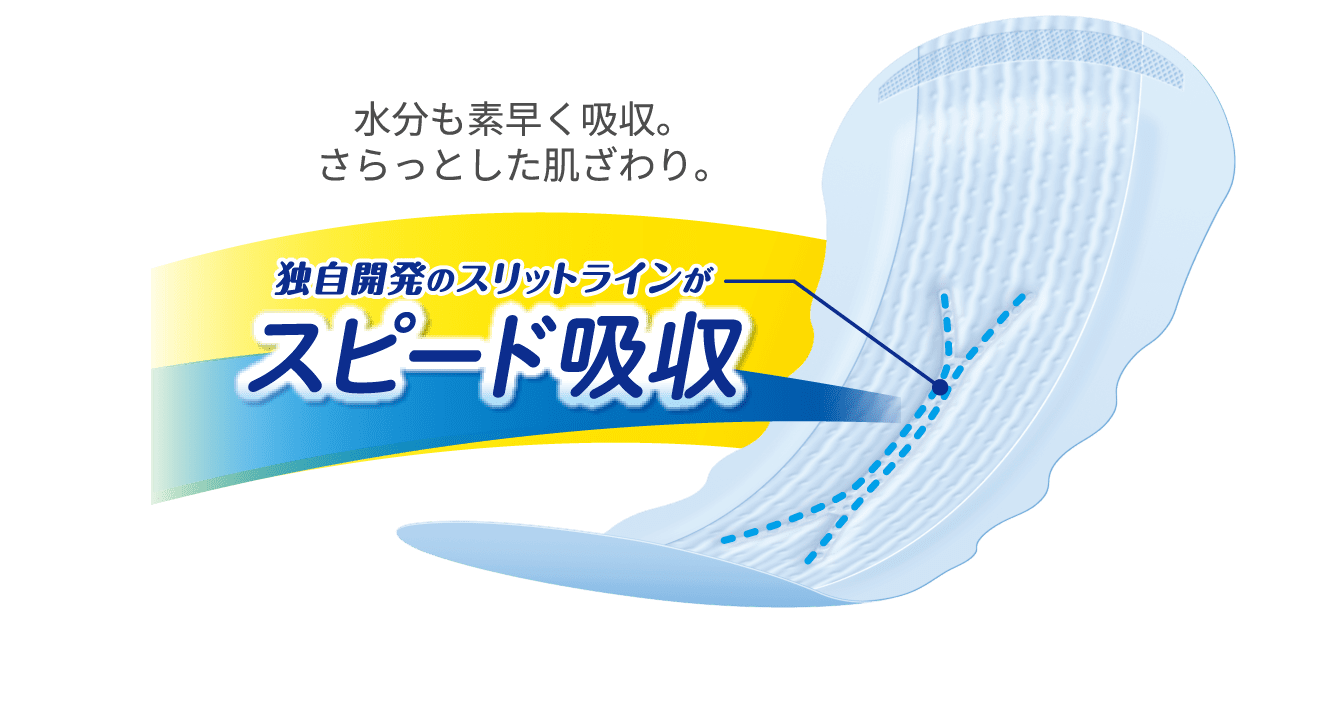 水分も素早く吸収。さらっとした肌ざわり。独自開発のスリットラインがスピード吸収